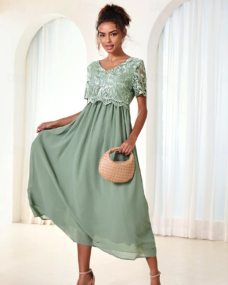 Women's Wedding Guest Cocktail Dress Maxi Dress Contrast Lace Party Elegant Formal V Neck Short Sleeve Pink Green Gray Color