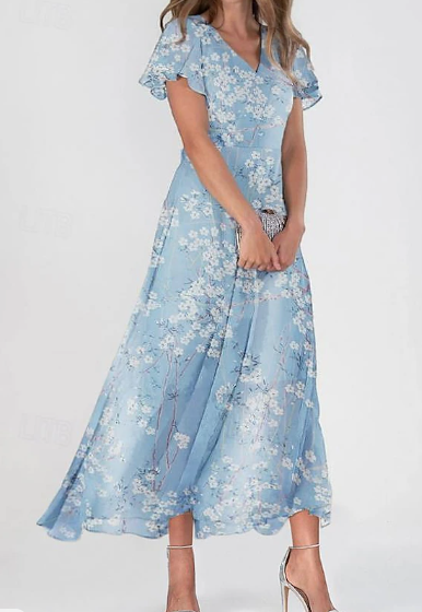 Women's Maxi Dress A Line Dress Elegant Daily Date Regular Fit Floral V Neck Blue Summer