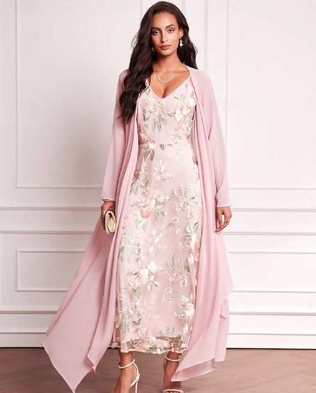 Women's Wedding Guest Dress Set Maxi Dress Chiffon Cardigan Embroidered Date Vacation Elegant V Neck Long Sleeve Pink Color Spring Summer Fall
